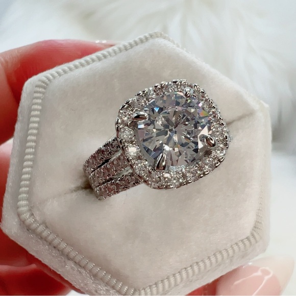 14k white gold 3 CT diamond ring round cut pave halo antique 7 style engagement - Picture 9 of 11